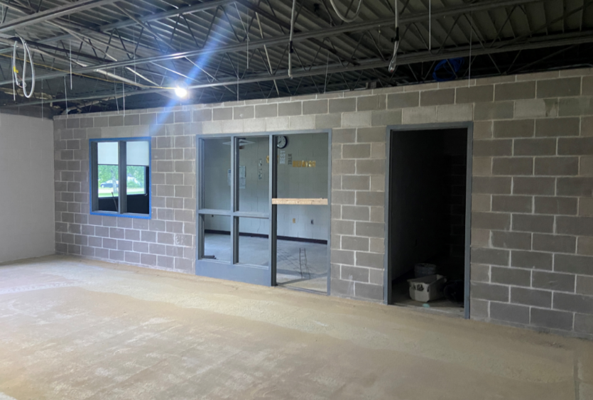 The masonry walls and frames have been installed in the high school library.