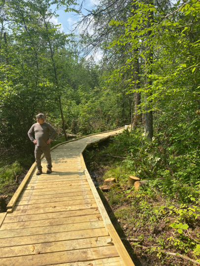 Volunteers enjoying the new boardwalk in the School Forest