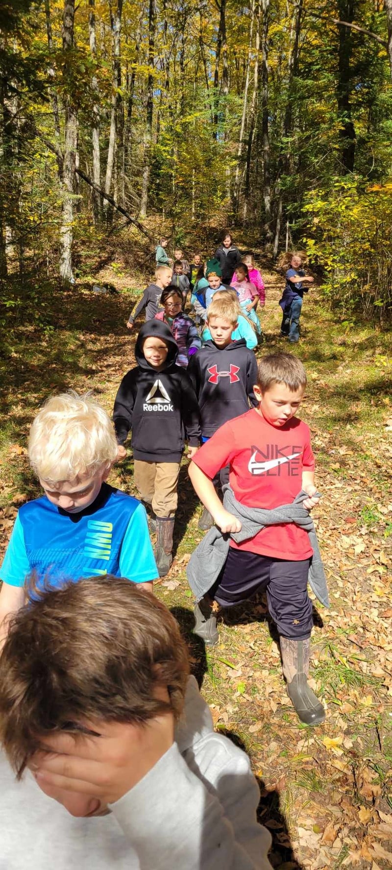 Students walking along the trail in the forest