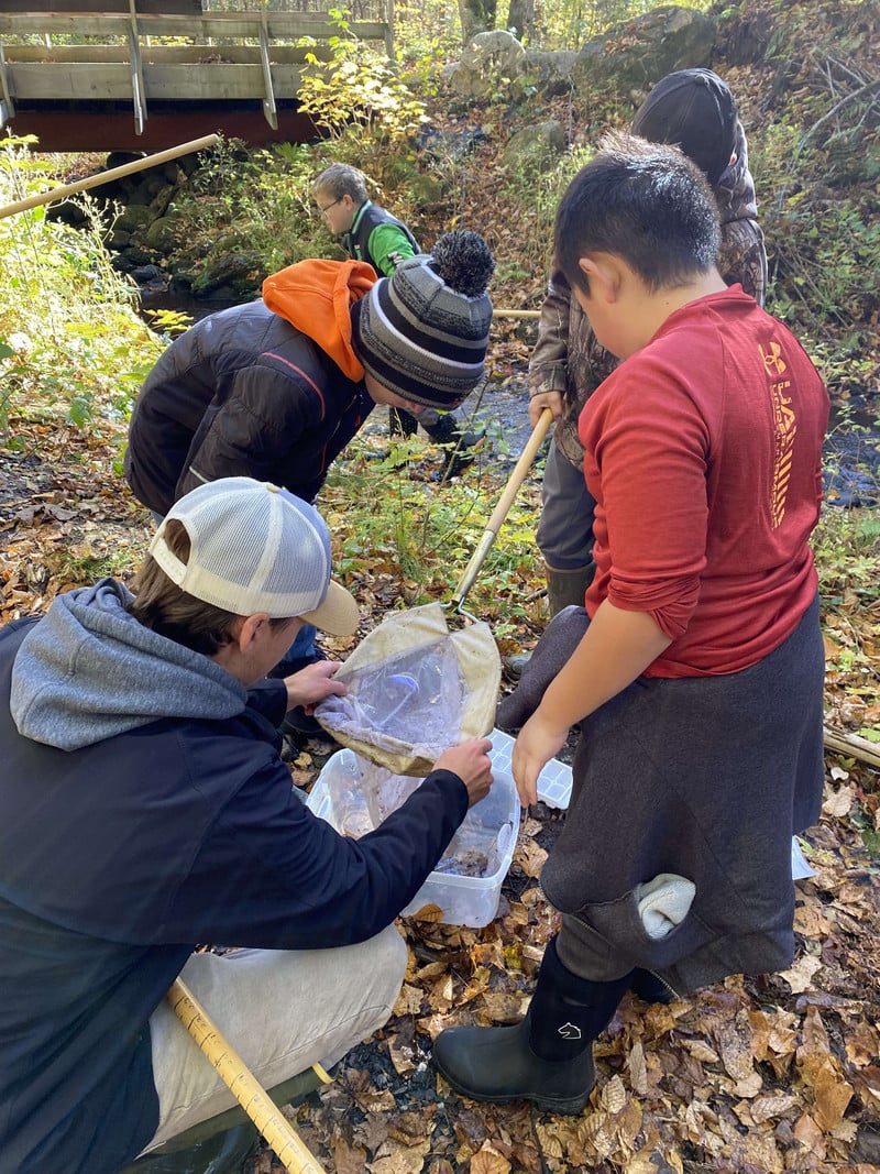 Students inspecting net after scooping out of the creek