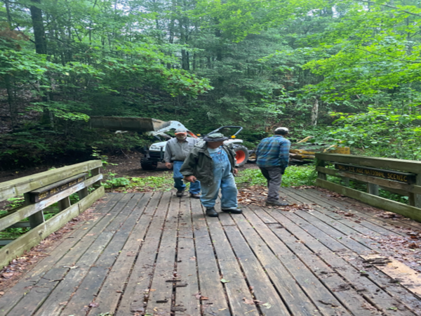 Volunteers inspecting the bridge