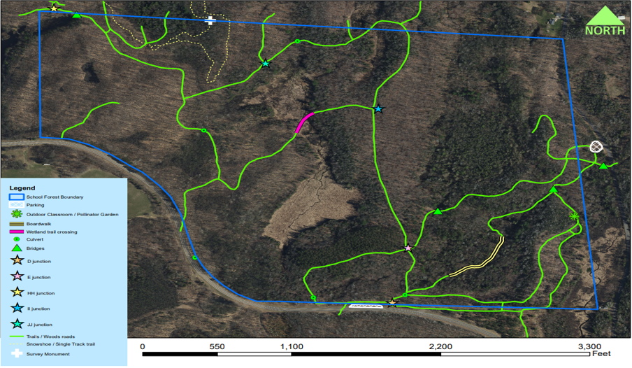 Map of school forest with legend of map markers