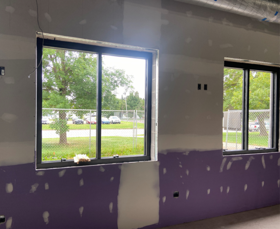 The aluminum frames for the new fitness room have been installed and await the glass installation.