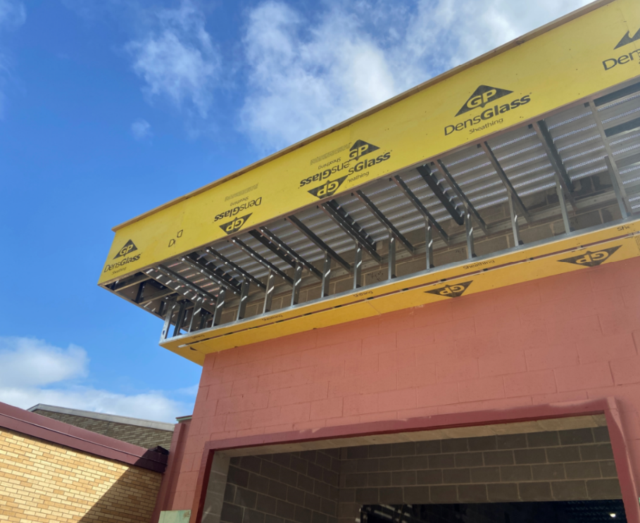 The exterior framing has been completed around the north vestibule and is now ready for spray foam.