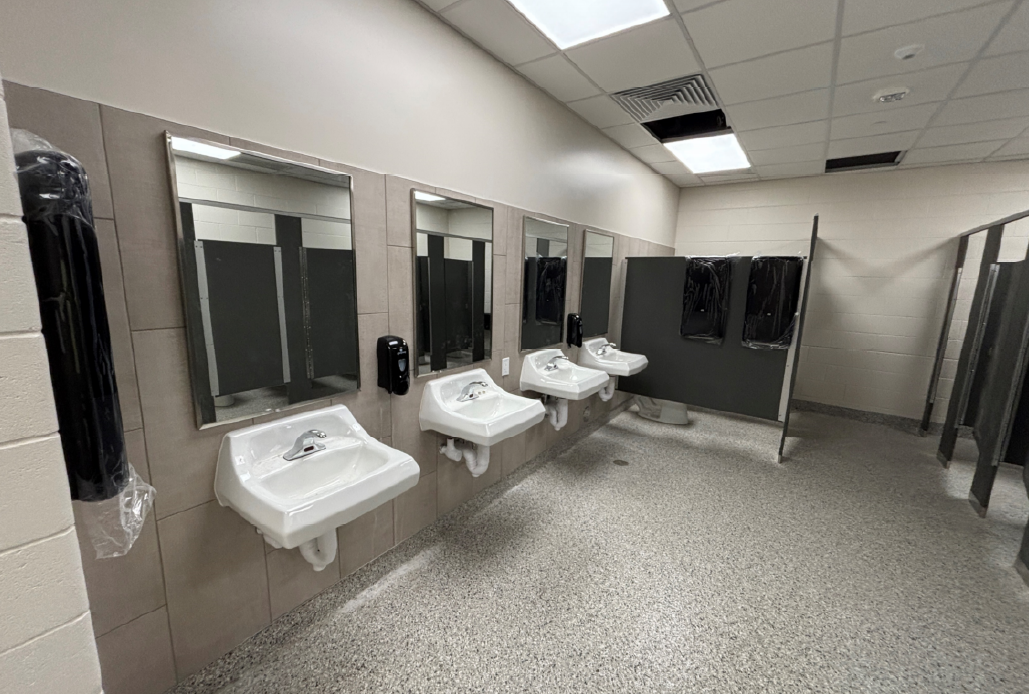 Mirrors, paper towel dispensers, grab bars and more have been installed in the addition restrooms.