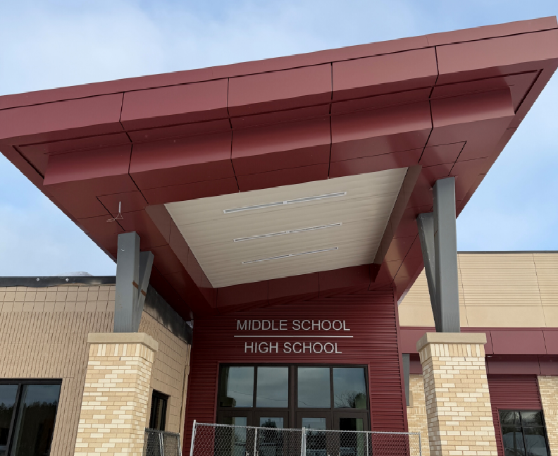The soffit and metal panel have been completed on the main entrance vestibule.