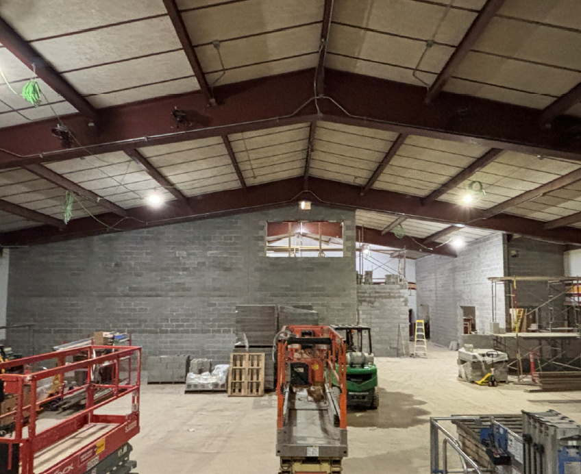 A view from the stage looking back towards the new band room walls.