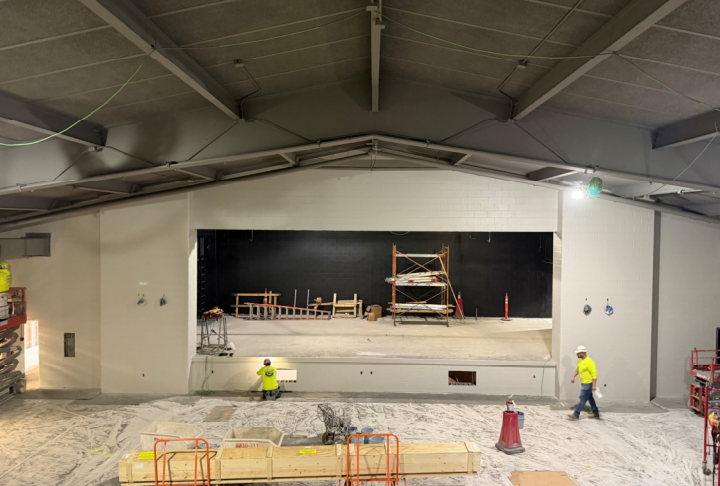 A view of the stage from the newly framed mezzanine control room