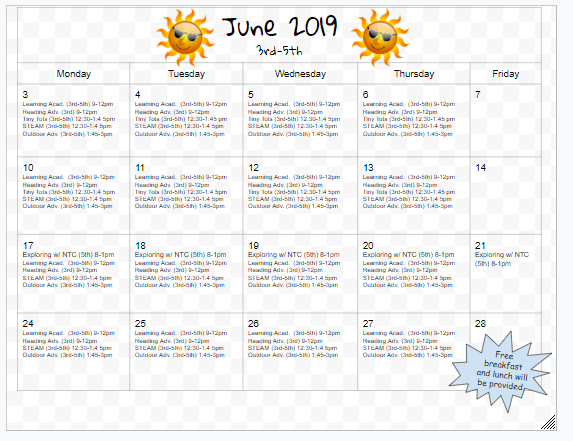 Summer School Calendar - June 3-5
